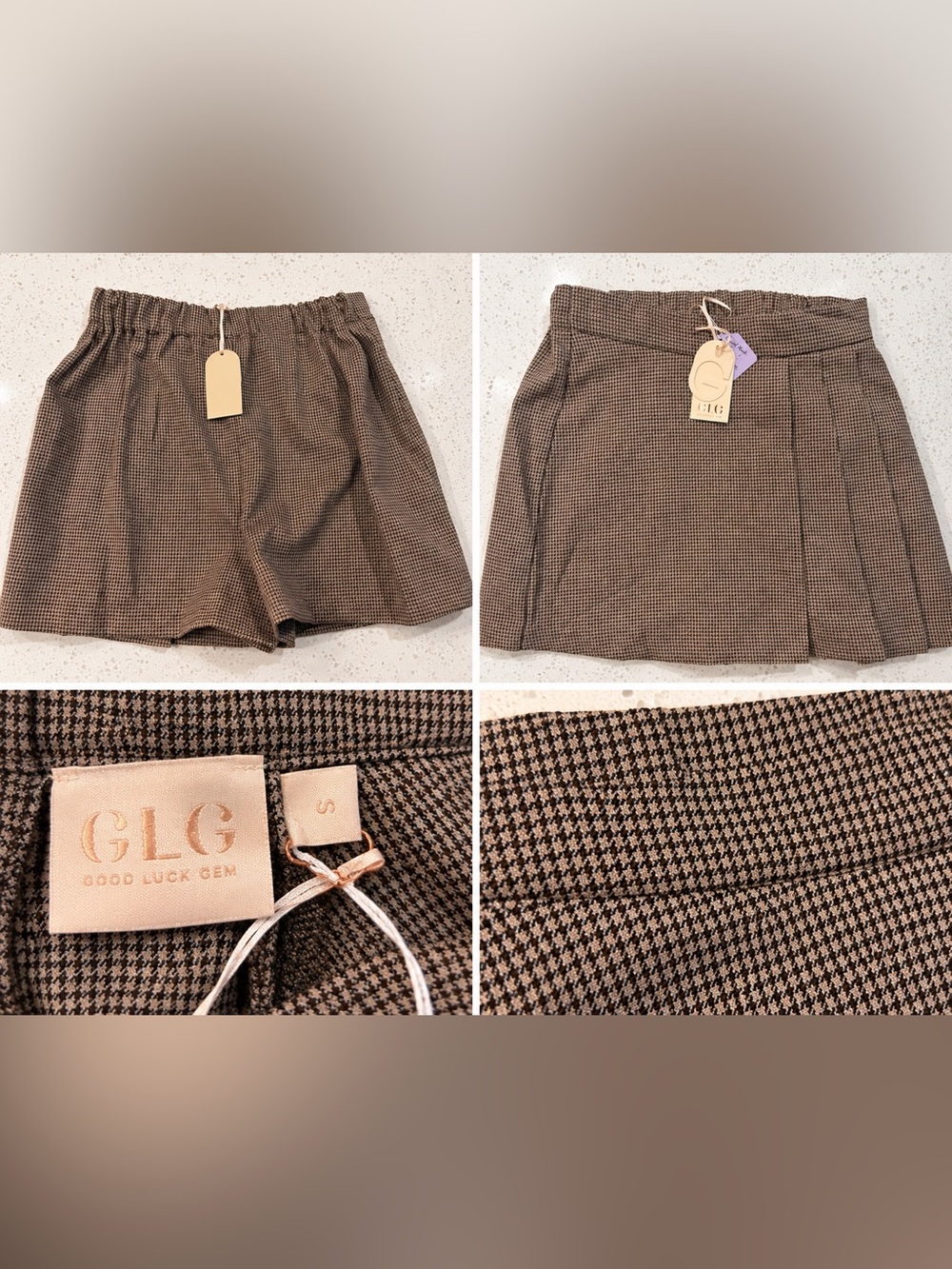 GLC Good Luck Gem Brown & Black Houndstooth Skirt Front Shorts Back Size Small